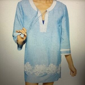 Women's Blue Chambray Linen Blend Coral Swim Cover-Up Dress 1X